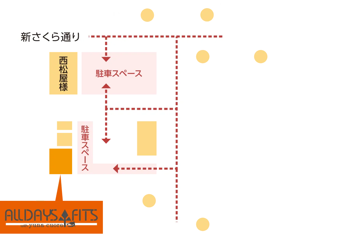 ALLDAYS FITS with yunacuoreへのアクセスマップ。駐車場スペース約40台。